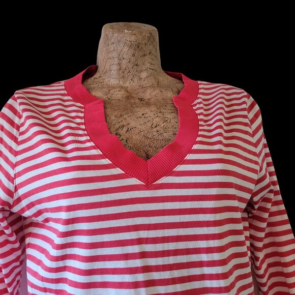Red & White Striped 3/4 Sleeve Tunic Top With Notch Collar Size S - Picture 2 of 16